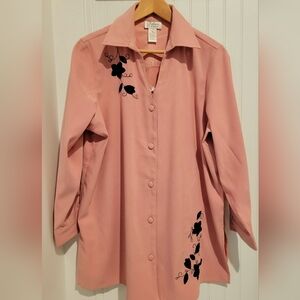 Chelsea Studio Women's Pink Blouse w Black Embroidered Floral Design 14WP